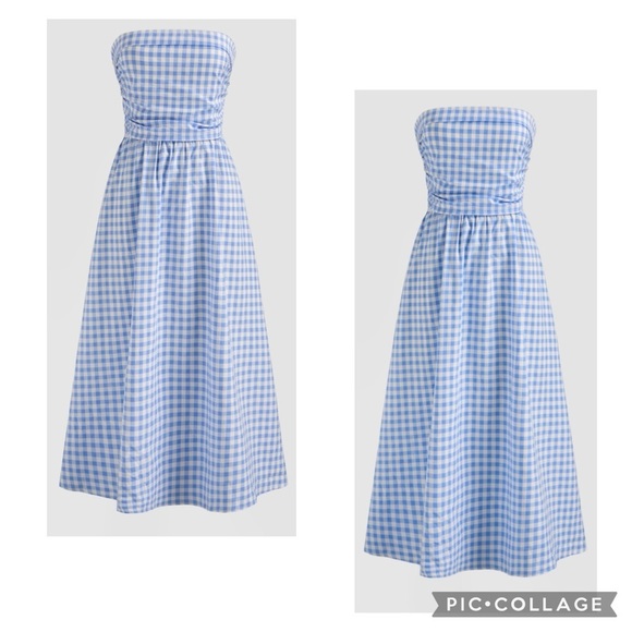 Cider Dresses & Skirts - New CIDER Women’s Baby Blue Gingham Strapless PICNIC Midi Dress Ruched Size XS